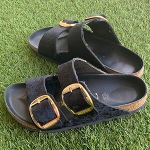 Birkenstock Black Arizona Slides with big Gold buckles